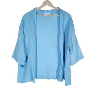 Nina Kendosa Paris Womens Kimono Jacket Medium Blue Linen Coastal Relaxed Fit